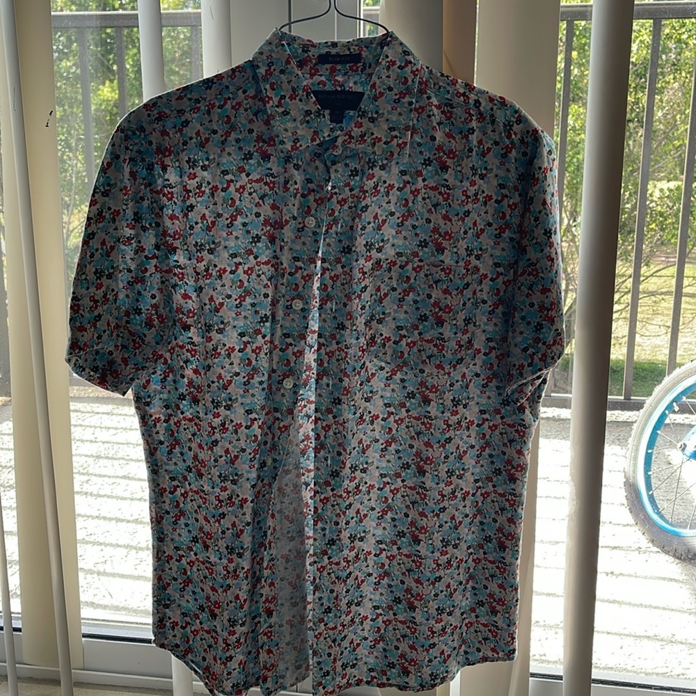 BANANA REPUBLIC slim fit linen floral short sleeve button down shirt | medium